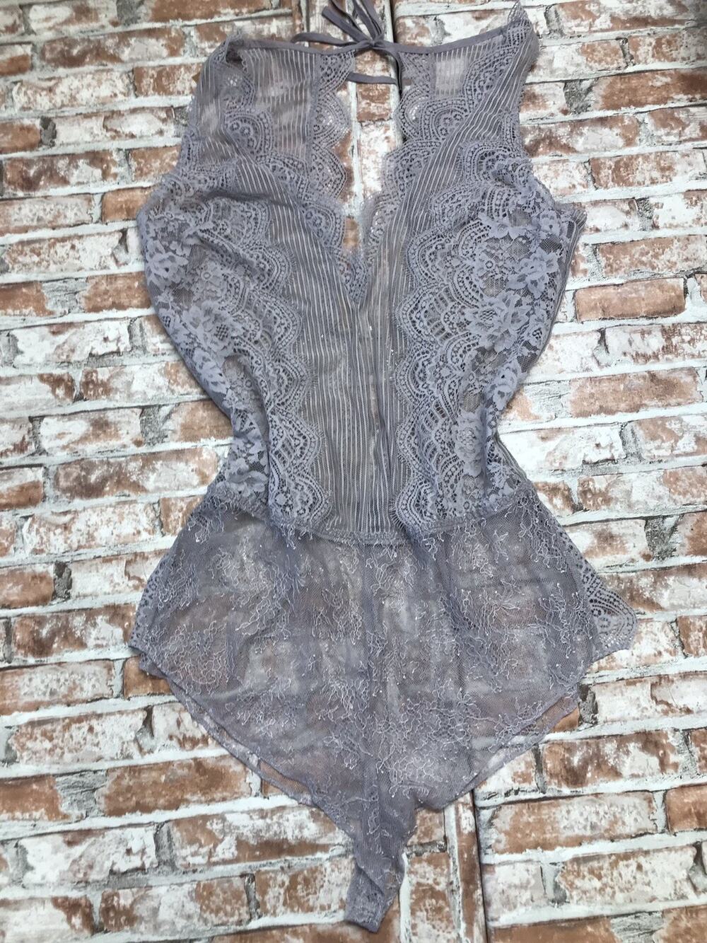 Victoria's Secret Women’s Small Sexy Lace Metallic Deep V-Neck Bodysuit Lingerie